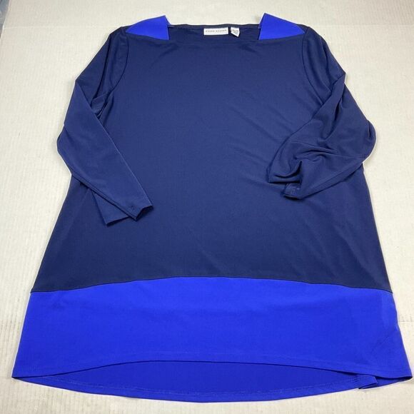 Susan Graver Tunic Blouse Blue Color-Block Stretchy Shirt 3/4 Sleeve Top Large - Picture 1 of 11